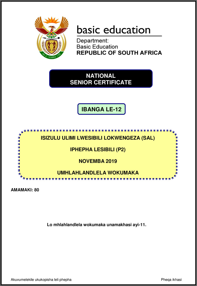 Isizulu Sal P2 Nov 2019 Memo Gr12