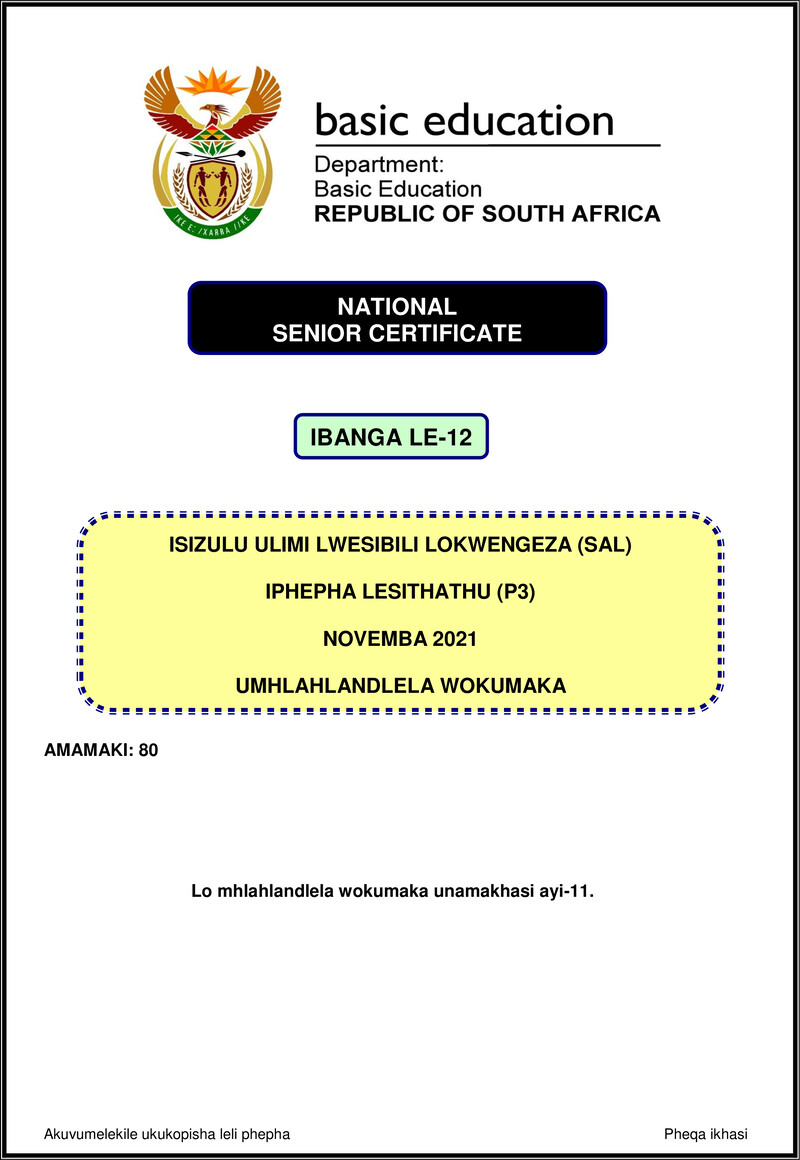 Grade 12 isiZulu past paper 2021 – isizulu sal p3 nov 2021 mg gr12