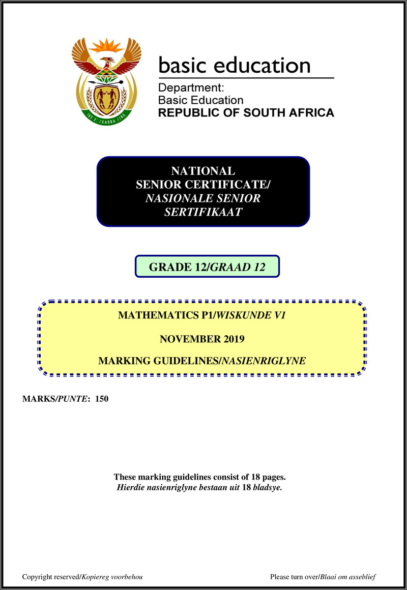 Grade 12 Mathematics past paper 2019 – mathematics p1 nov 2019 memo afr eng gr12