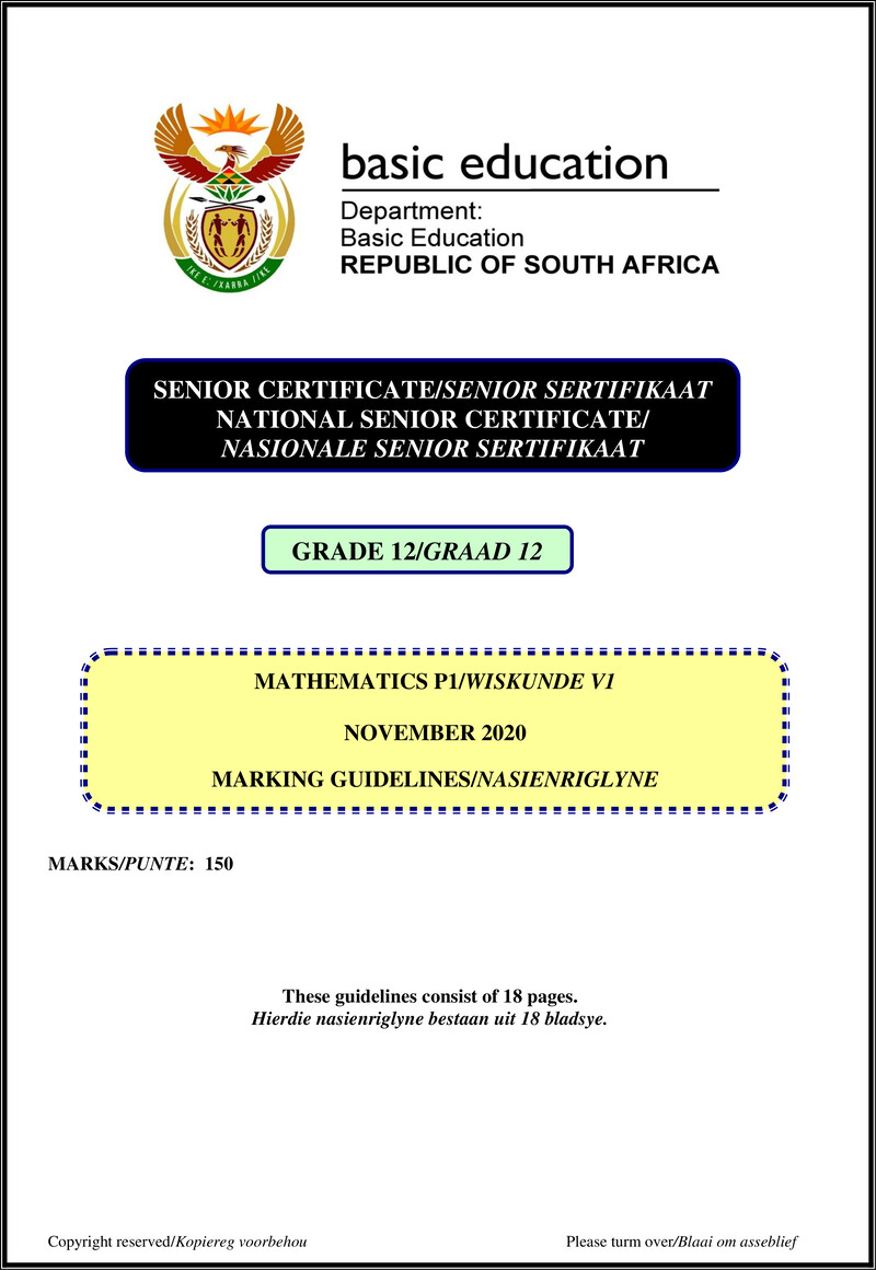 Grade 12 Mathematics past paper 2020 – mathematics p1 nov 2020 memo afr eng gr12