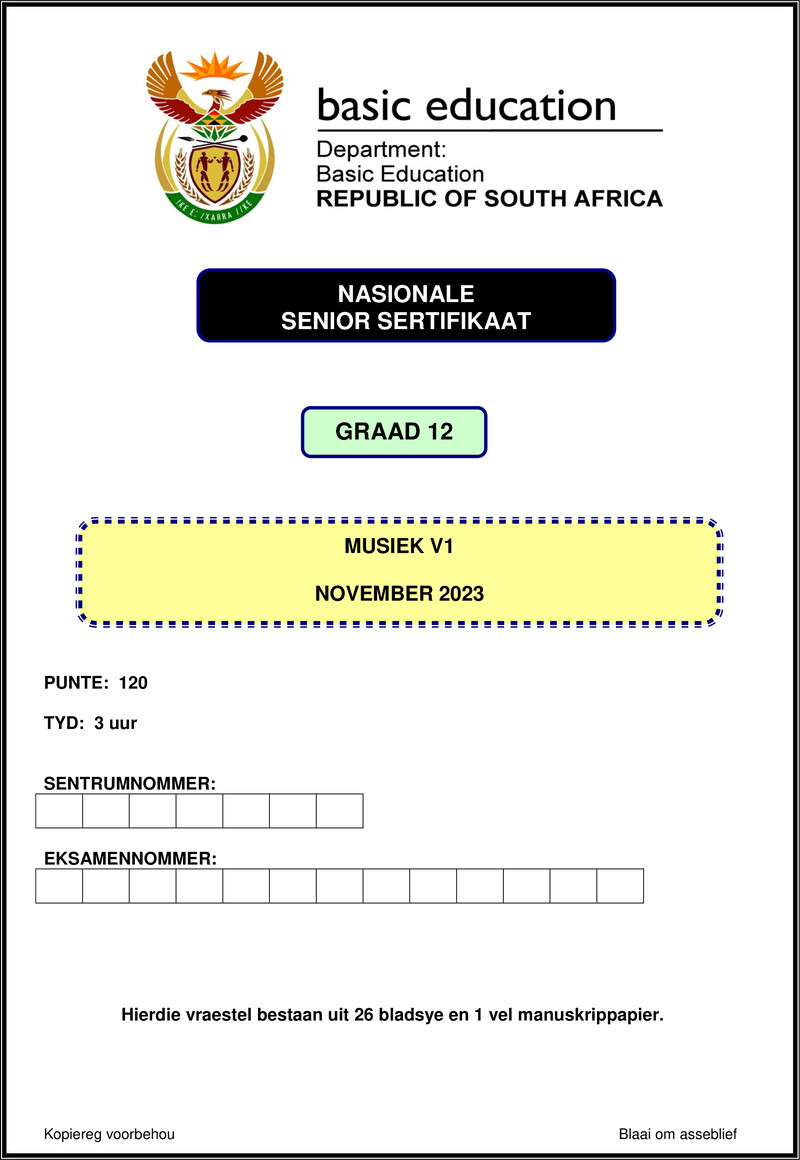 Grade 12 Music past paper 2023 – music p1 nov 2023 afr gr12