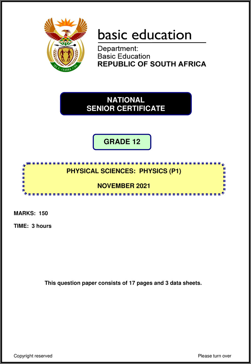Grade 12 Physical Sciences past paper 2021 – physical sciences p1 nov 2021 eng gr12