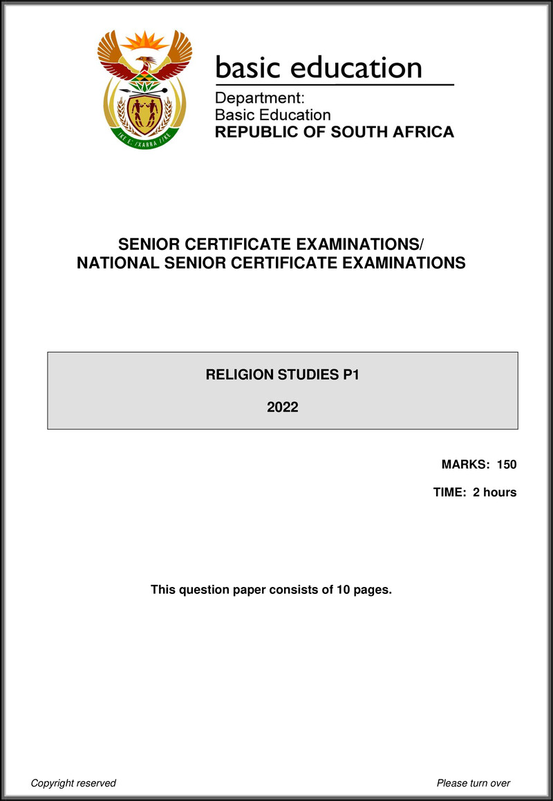 Grade 12 Religion Studies past paper 2022 – religion studies p1 may june 2022 eng gr12