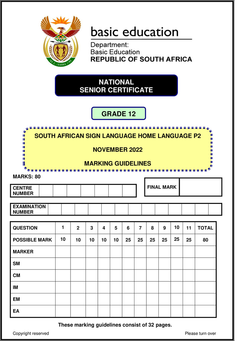 Grade 12 South African Sign Language past paper 2022 – sasl hl p2 nov 2022 mg gr12