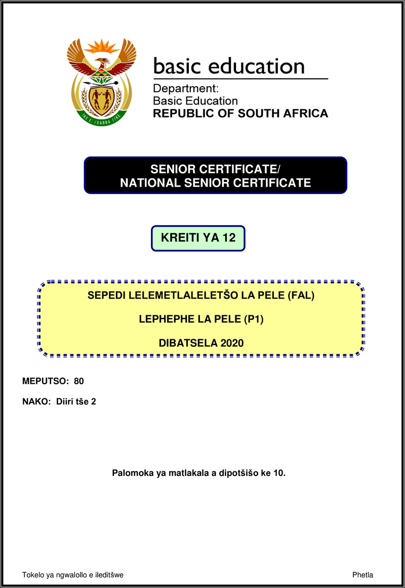 Grade 12 Sepedi past paper 2020 – sepedi fal p1 nov 2020 gr12