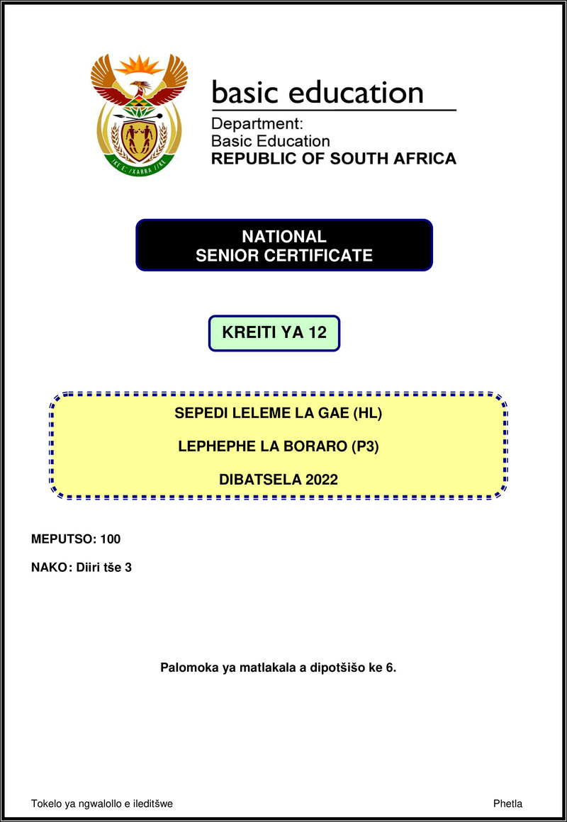 Grade 12 Sepedi past paper 2022 – sepedi hl p3 nov 2022 gr12