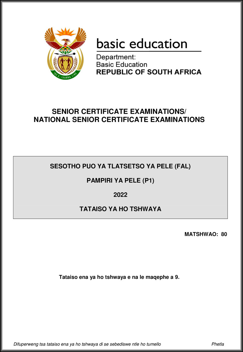 Sesotho Fal P1 May June 2022 Mg Gr12