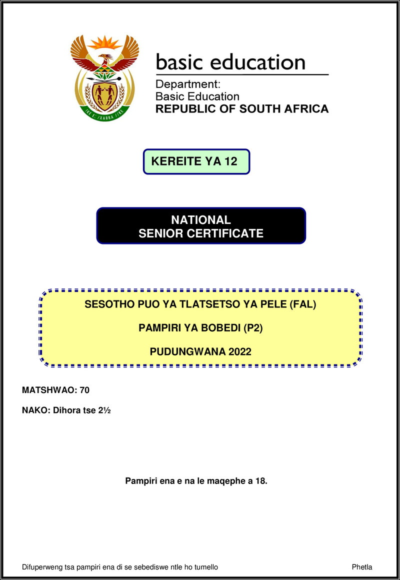 Sesotho Fal P2 Nov 2022 Gr12