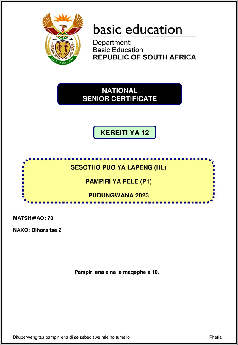Sesotho Hl P1 Nov 2023 Gr12