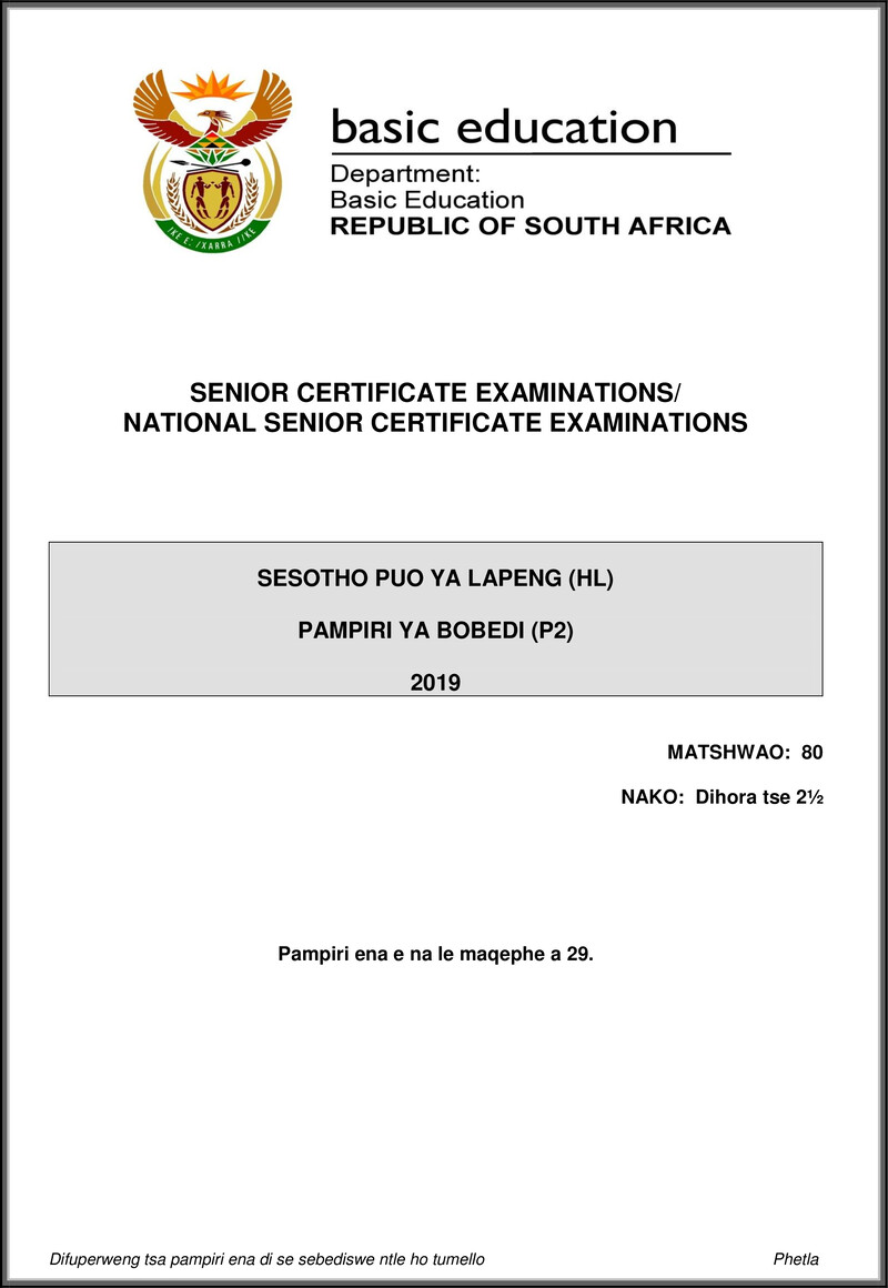Sesotho Hl P2 May June 2019 Gr12