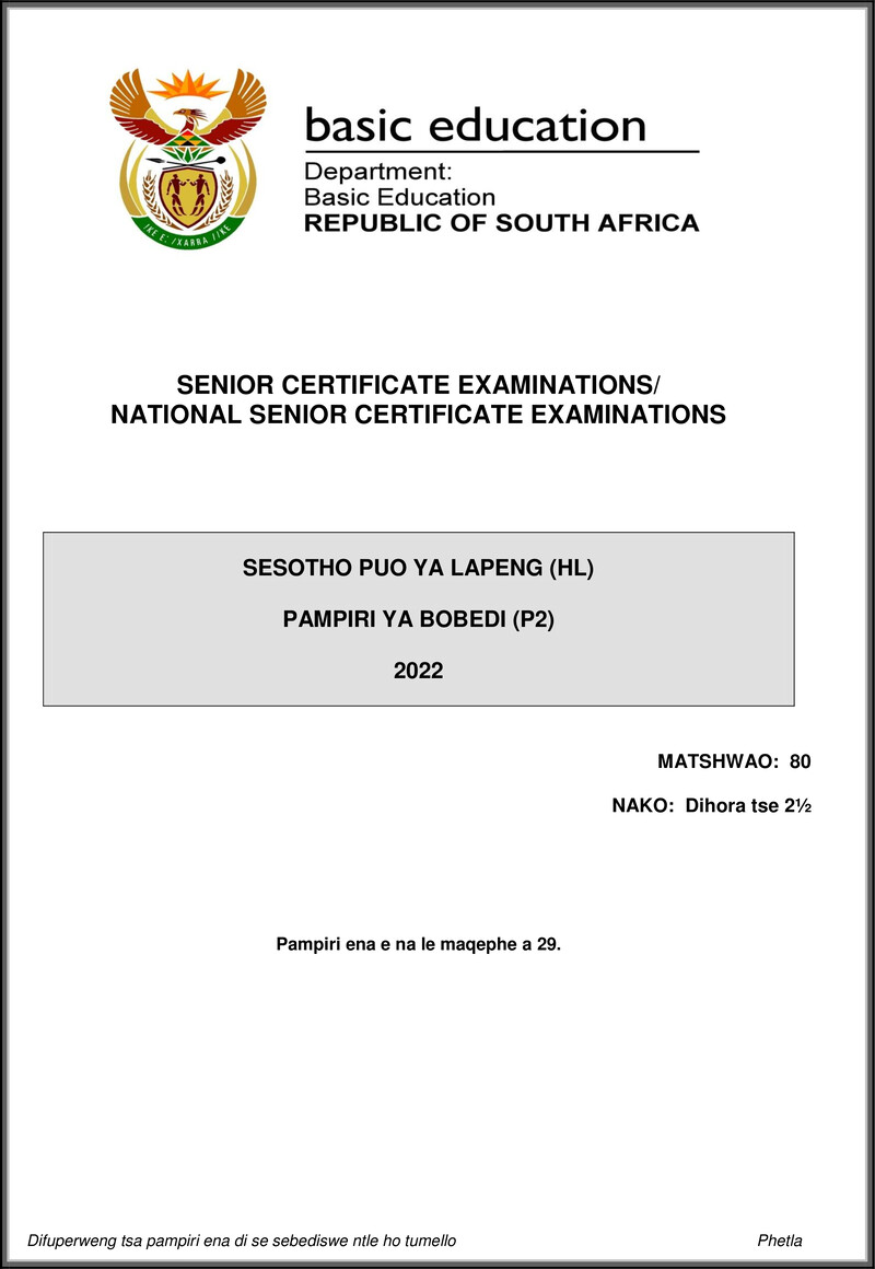 Sesotho Hl P2 May June 2022 Gr12