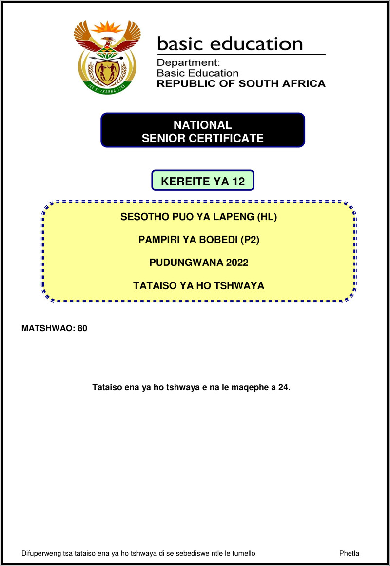 Sesotho Hl P2 Nov 2022 Mg Gr12