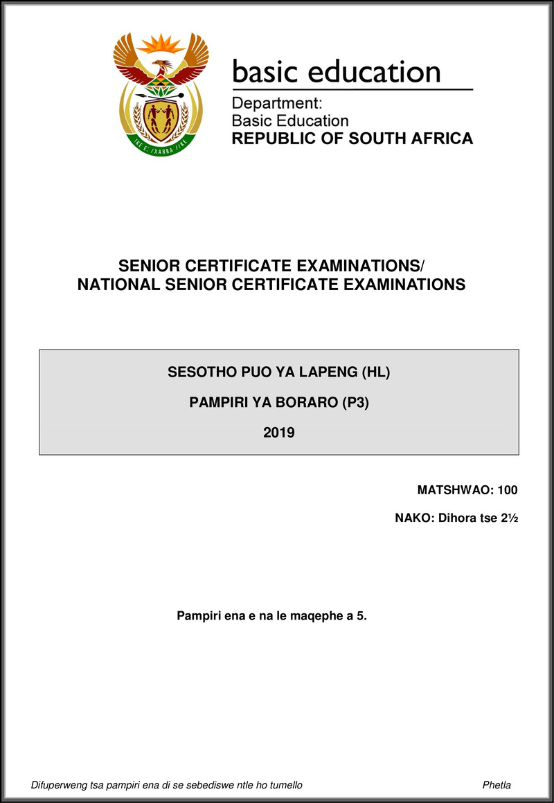 Sesotho Hl P3 May June 2019 Gr12