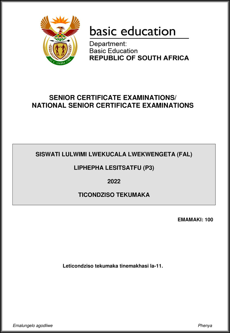 Grade 12 Siswati past paper 2022 – siswati fal p3 may june 2022 mg gr12
