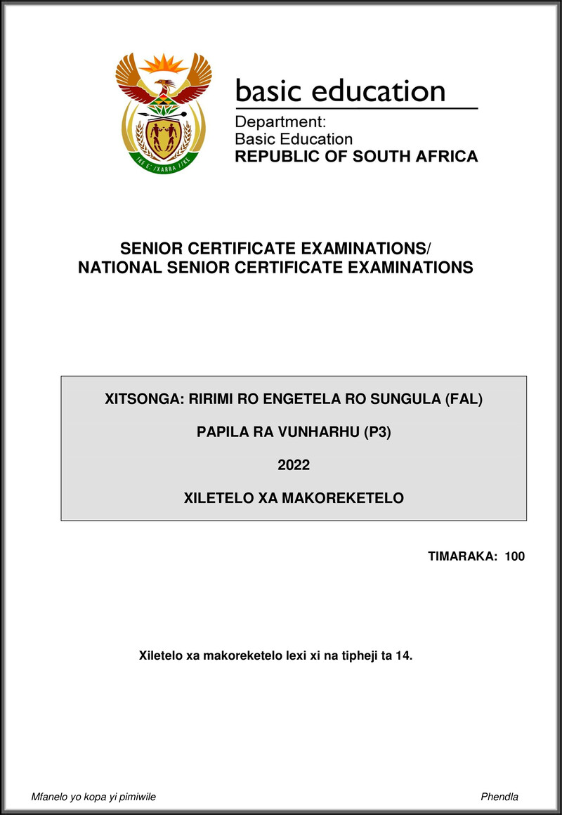 Xitsonga Fal P3 May June 2022 Mg Gr12