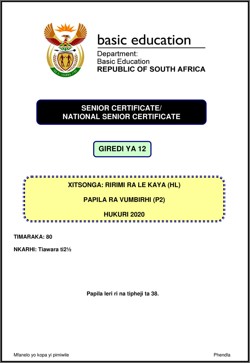 Xitsonga Hl P2 Nov 2020 Gr12