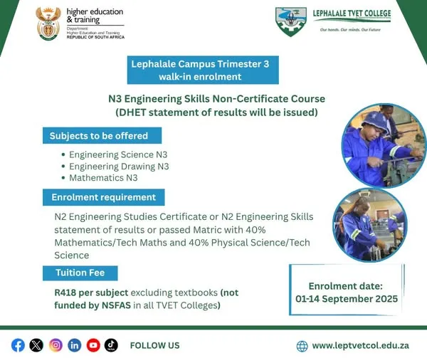 Lephalale TVET College – Trimester 3 Walk-in Enrolment (Lephalale Campus)