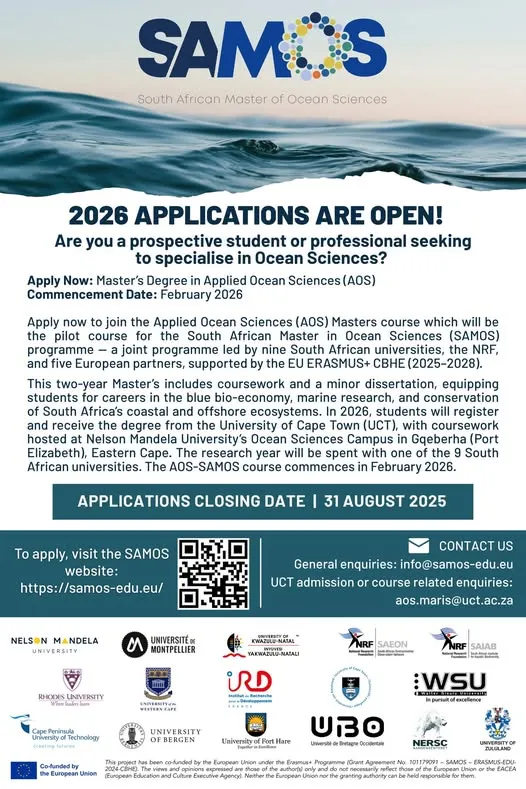 South African Master of Ocean Sciences (SAMOS) – 2026 Applications Now Open