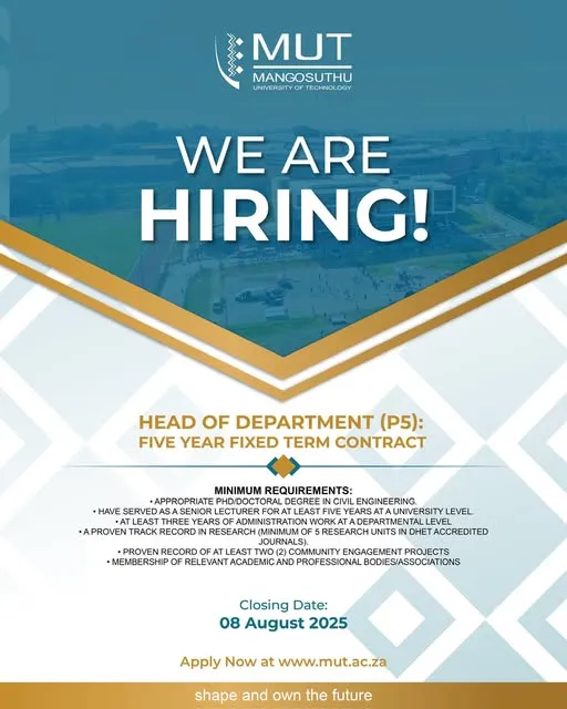 Apply Now: Head of Department Role in Civil Engineering at MUT