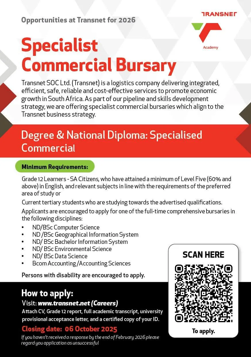 Transnet Specialist Commercial Bursaries – Applications Now Open for 2026