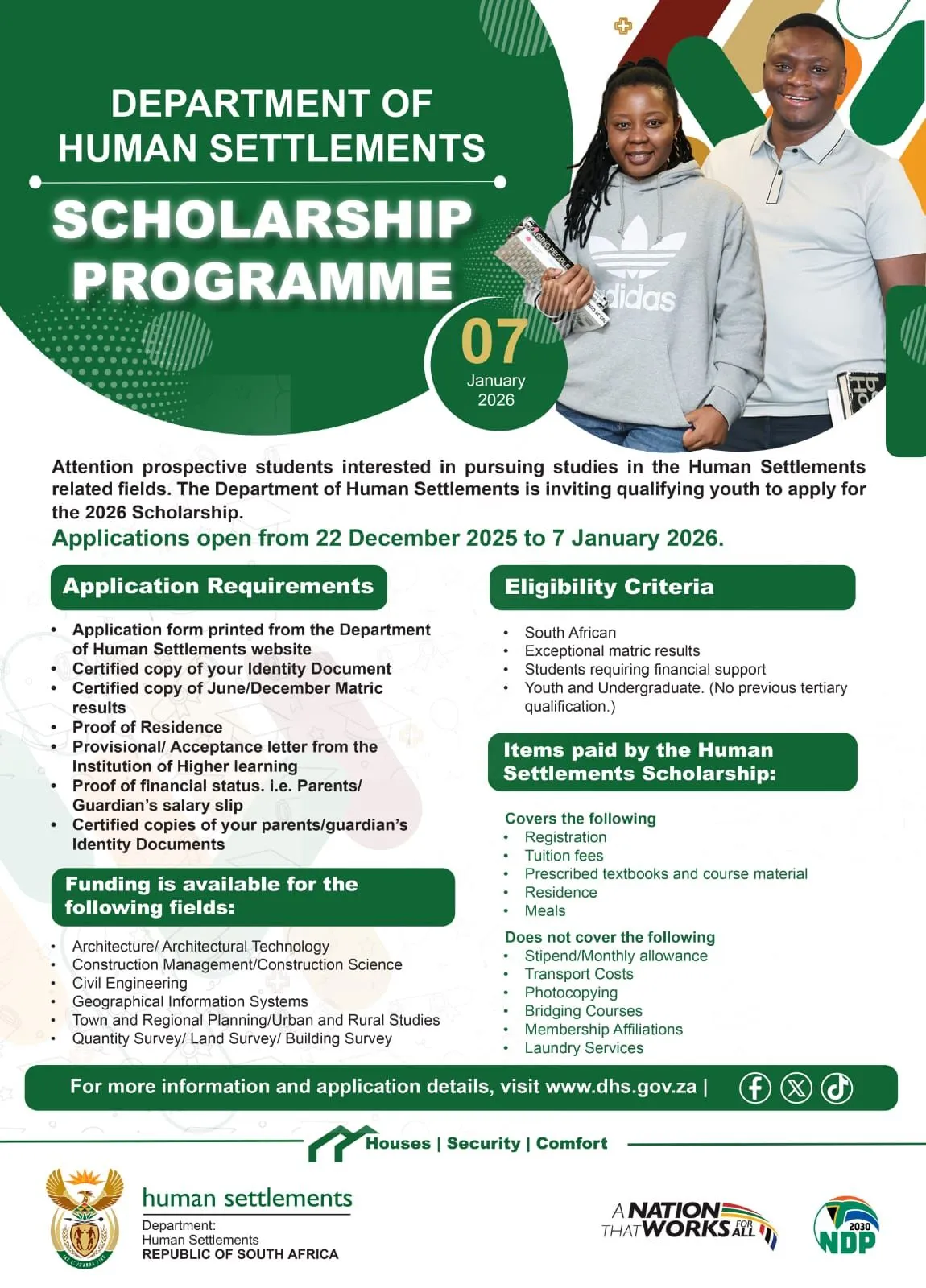 DEPARTMENT OF HUMAN SETTLEMENTS SCHOLARSHIP PROGRAMME 2026 | CLOSING DATE: 7 JANUARY 2026