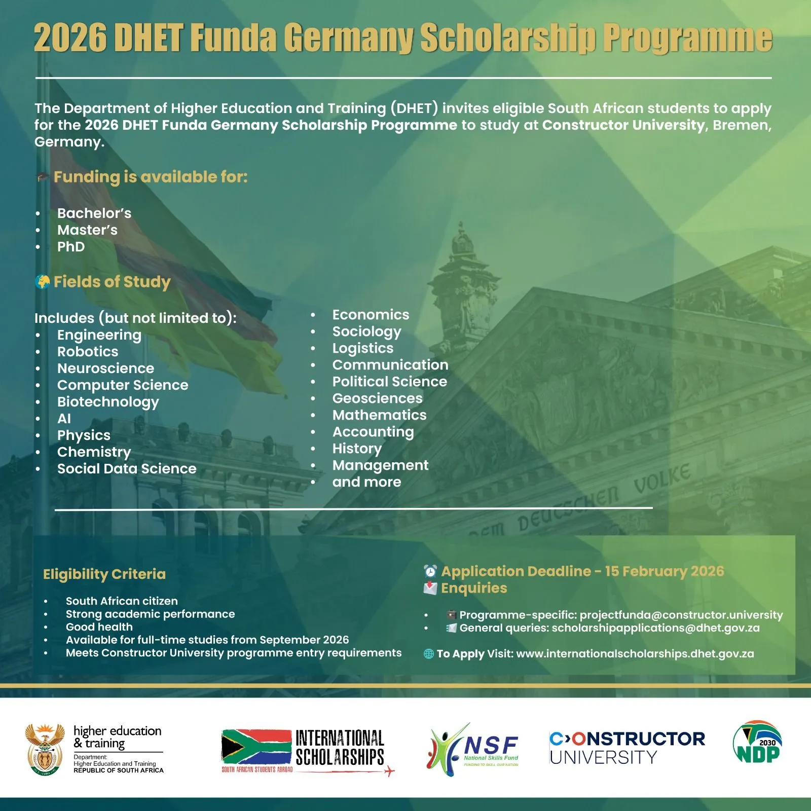 2026 DHET Funda Germany Scholarship – Study at Constructor University, Bremen