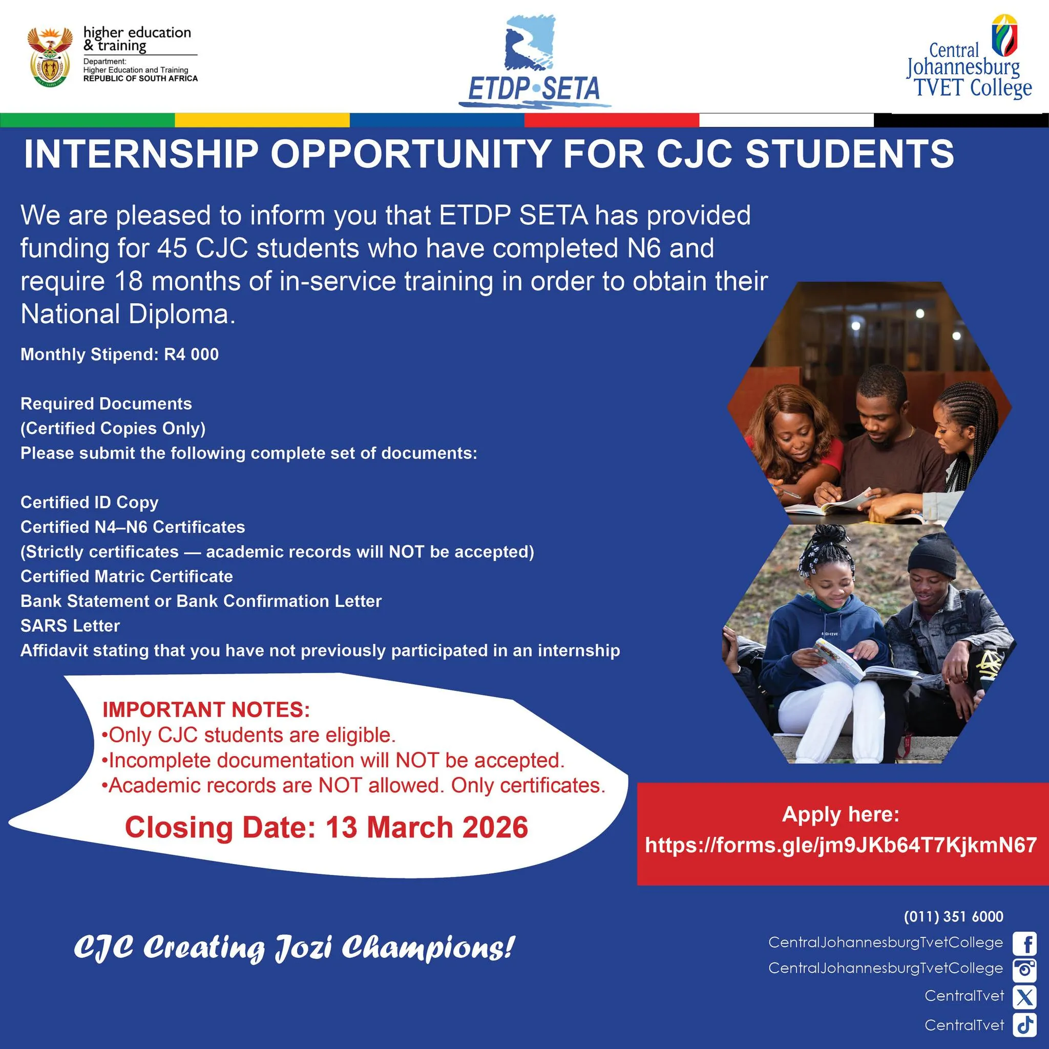  Internship Opportunity for Central Johannesburg TVET College Students! 