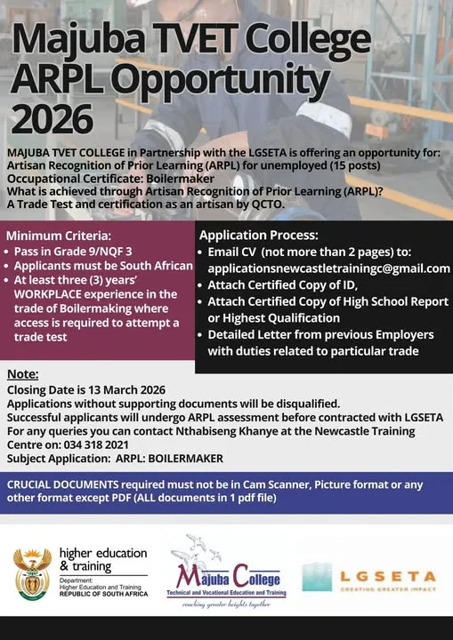 Boiler Maker ARPL Opportunity at Majuba TVET College