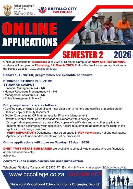 Buffalo City TVET College: Semester 2, 2026 Applications Now Open